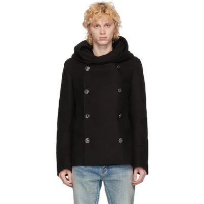 Shop Balmain Black Double-breasted Hooded Peacoat In 0pa Noir