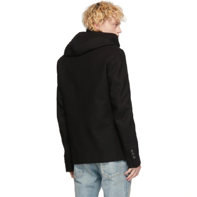 Shop Balmain Black Double-breasted Hooded Peacoat In 0pa Noir