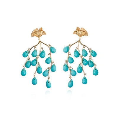 Shop Apples & Figs 24k Gold Vermeil Peacock Gingko Earrings In Blue