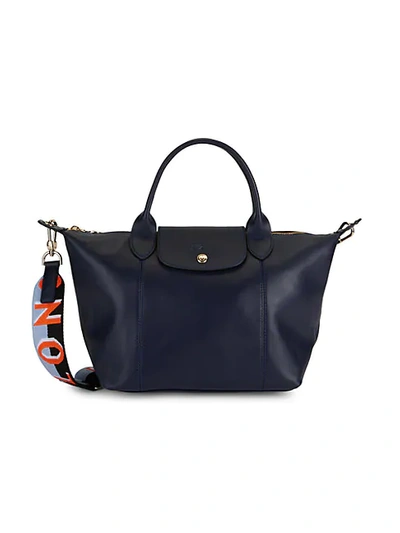 Shop Longchamp Leather Convertible Shoulder Bag In Navy