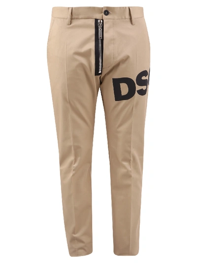 Shop Dsquared2 Logo Print Cotton Trousers In Beige