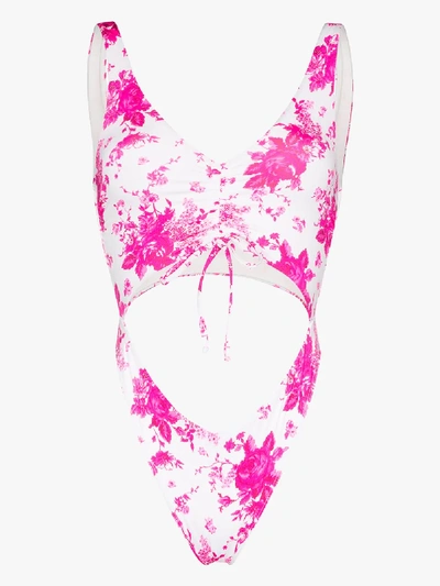 Shop Frankies Bikinis Emma Floral Print Cutout Swimsuit In Pink