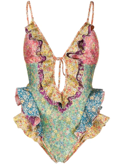 Shop Zimmermann Ruffled Floral-print Swimsuit In Green