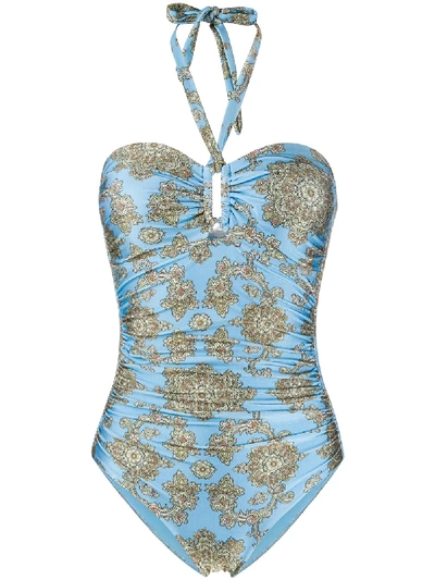 Shop Zimmermann Paisley Halterneck Swimsuit In Blue