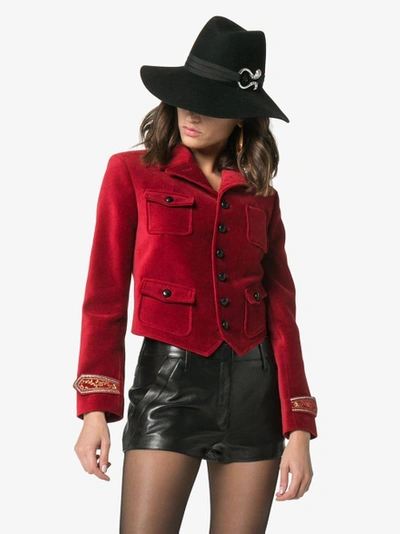 Shop Saint Laurent Cuff-embroidered Cropped Jacket Red