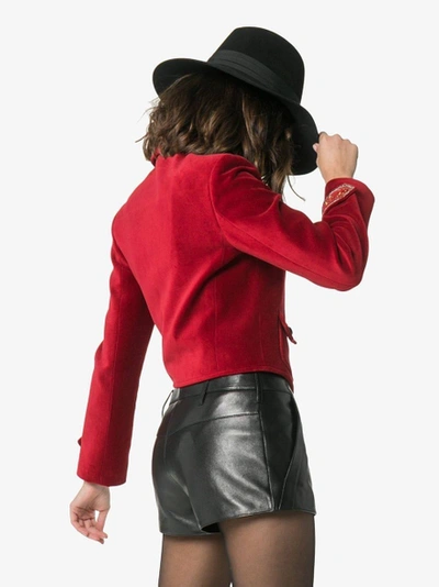Shop Saint Laurent Cuff-embroidered Cropped Jacket Red