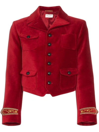 Shop Saint Laurent Cuff-embroidered Cropped Jacket Red