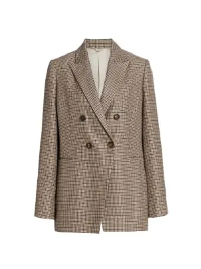 Shop Brunello Cucinelli Houndstooth Double-breasted Linen & Wool-blend Blazer In Brown
