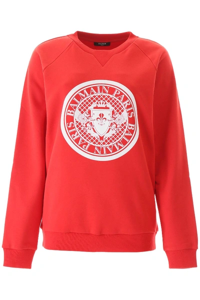 Shop Balmain Sweatshirt With Flocked Logo In Red,white