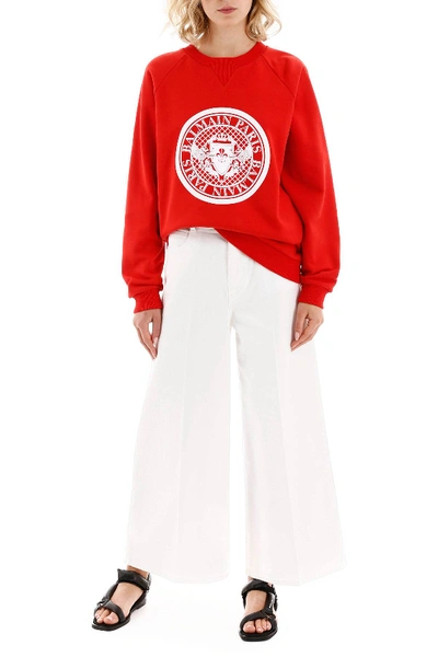 Shop Balmain Sweatshirt With Flocked Logo In Red,white