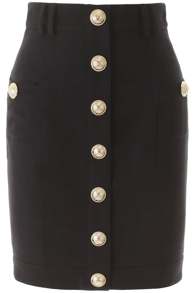 Shop Balmain Wool Buttoned Skirt In Black