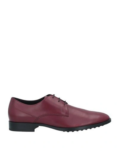 Shop Tod's Man Lace-up Shoes Burgundy Size 8.5 Soft Leather In Red