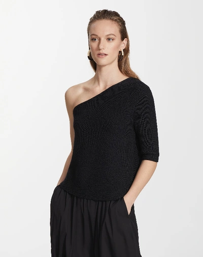 Shop Lafayette 148 Petite Cotton Silk Tape Cold Shoulder Diagonal Stitch Sweater In Black