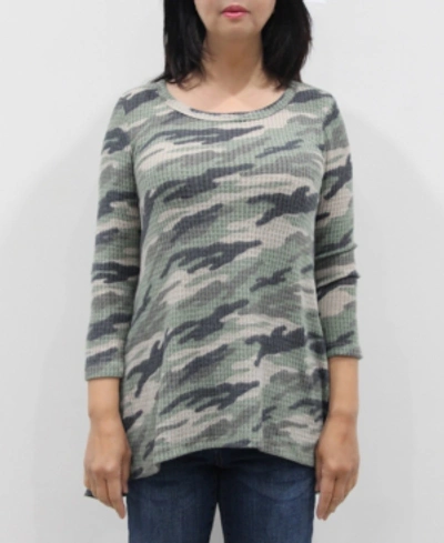 Shop Coin 1804 Women's Camo 3/4 Sleeve Button Back Top In Mint