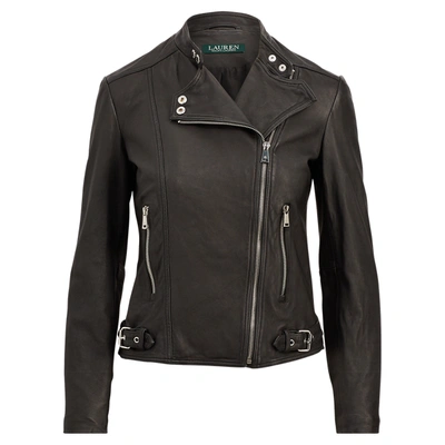 Shop Lauren Ralph Lauren Burnished Leather Biker Jacket In Polo Black