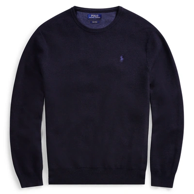 Shop Ralph Lauren Mesh-knit Cotton Crewneck Sweater In Navy Heather