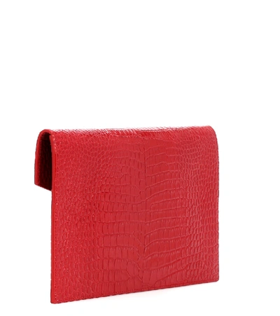 Shop Saint Laurent Uptown Croc-effect Leather Clutch In Red