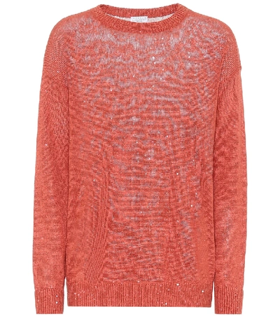 Shop Brunello Cucinelli Sequined Linen And Silk Sweater In Orange