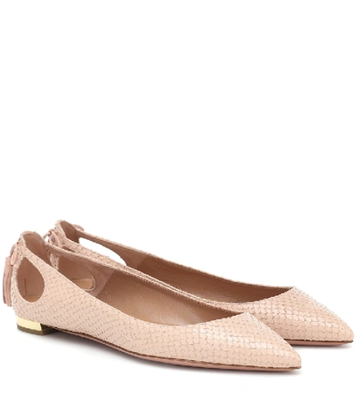 Shop Aquazzura Forever Marilyn Snake-effect Leather Ballet Flats In Pink