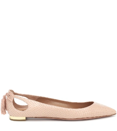 Shop Aquazzura Forever Marilyn Snake-effect Leather Ballet Flats In Pink