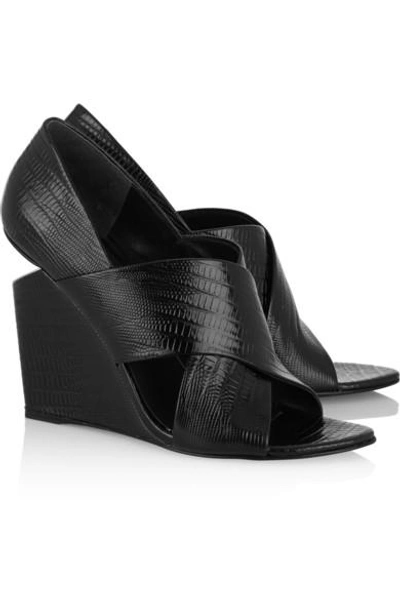 Shop Alexander Wang Ida Lizard-effect Patent-leather Wedge Sandals In Black