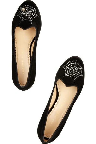 Shop Charlotte Olympia Charlotte's Web Embellished Velvet Slippers In Black