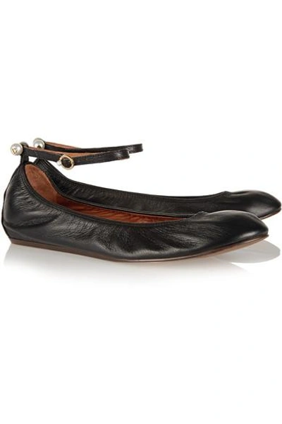 Shop Lanvin Faux Pearl-embellished Leather Ballet Flats In Black