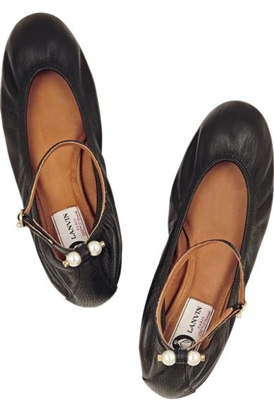 Shop Lanvin Faux Pearl-embellished Leather Ballet Flats In Black