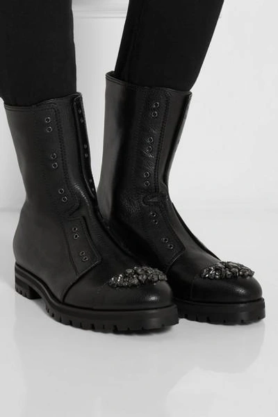 Shop Jimmy Choo Hatcher Crystal-embellished Leather Ankle Boots In Black