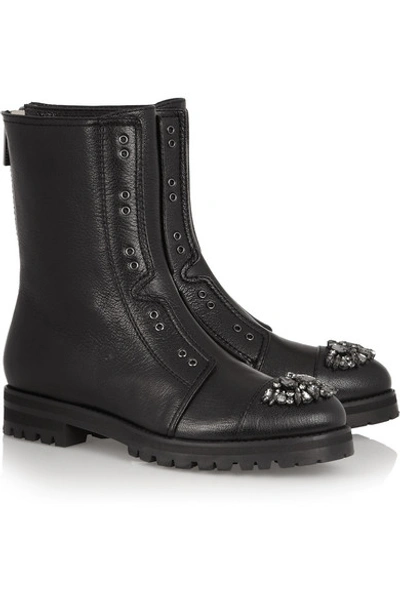 Shop Jimmy Choo Hatcher Crystal-embellished Leather Ankle Boots In Black