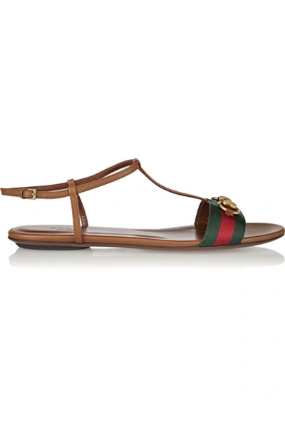 Gucci Leather Web T-strap Flat Sandal, Cognac In Brown