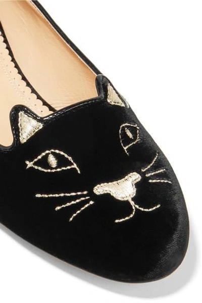 Shop Charlotte Olympia Kitty Embroidered Velvet Slippers In Black