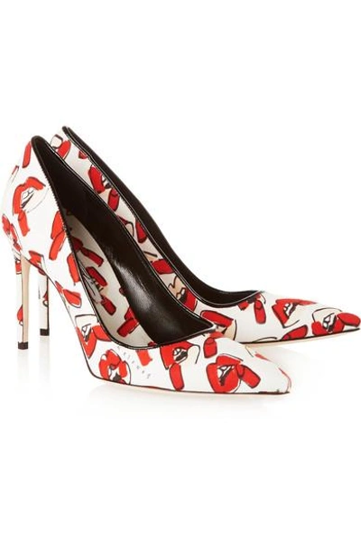 Shop Brian Atwood + Donald Robertson Alis Lips Printed Canvas Pumps In White