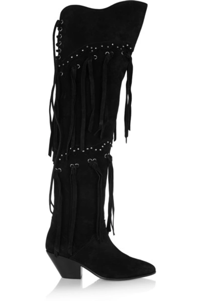 Shop Giuseppe Zanotti Studded And Fringed Suede Over-the-knee Boots In Black