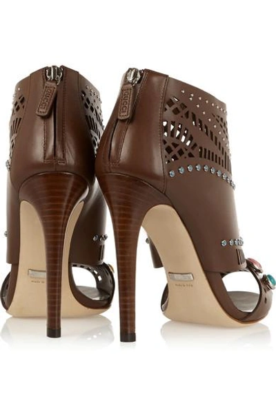 Shop Gucci Embellished Cutout Leather Boots In Brown