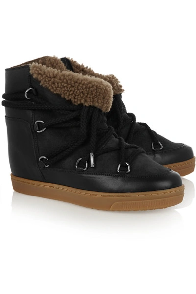 Shop Isabel Marant Nowles Shearling-lined Leather Concealed Wedge Boots In Black