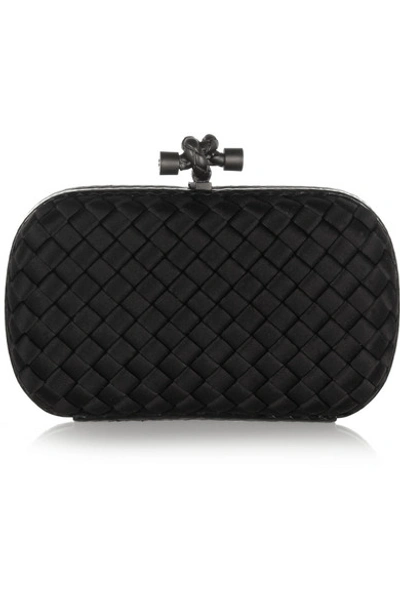 Shop Bottega Veneta The Knot Watersnake-trimmed Intrecciato Satin Clutch In Black