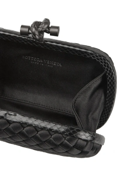 Shop Bottega Veneta The Knot Watersnake-trimmed Intrecciato Satin Clutch In Black