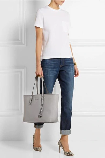 Shop Michael Michael Kors Jet Set Textured-leather Tote In Gray