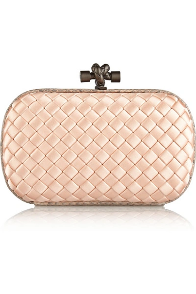 Shop Bottega Veneta The Knot Watersnake-trimmed Intrecciato Satin Clutch In Pink