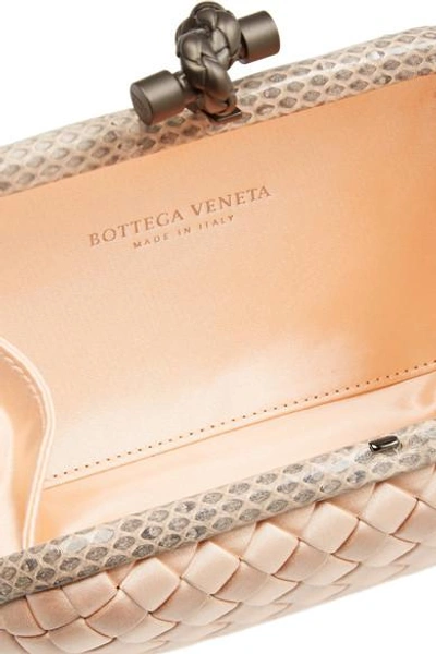 Shop Bottega Veneta The Knot Watersnake-trimmed Intrecciato Satin Clutch In Pink