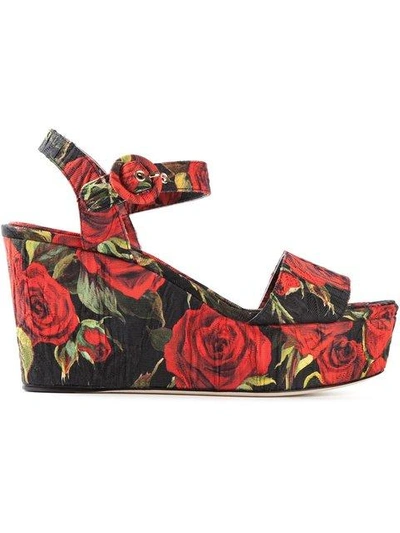 Shop Dolce & Gabbana Rose Print Brocade Wedge Sandals