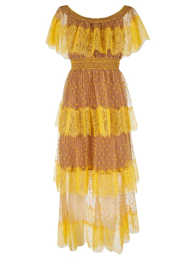 Shop Self-portrait Polka Dot Off-shoulder Midi Dress In Yellow/nude
