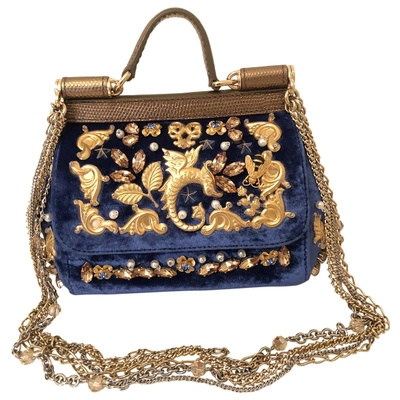 Pre-owned Dolce & Gabbana Sicily Blue Velvet Handbag