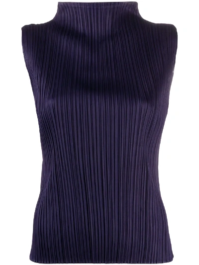 Shop Issey Miyake Pleated Sleeveless High-neck Top In Blue