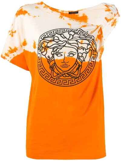 Shop Versace One-shoulder Tie-dye T-shirt In Orange