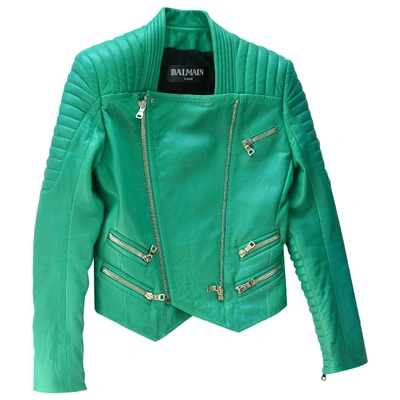 Pre-owned Balmain Green Leather Leather Jacket