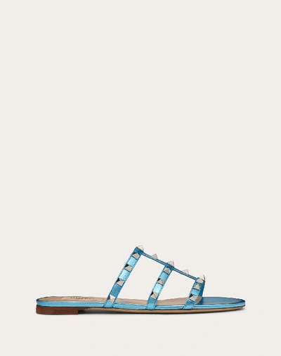 Shop Valentino Garavani Rockstud Flat Laminated Nappa Slide Sandal In Azure