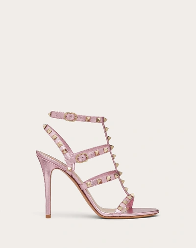 Shop Valentino Garavani Rockstud Laminated Nappa Ankle Strap Sandal 100 Mm / 3.9 In. In Light Pink