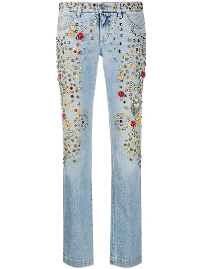 Shop Dolce & Gabbana Studded Low-rise Straight-leg Jeans In Blue